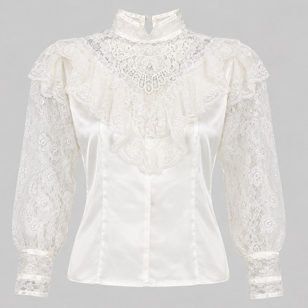 Vintage Style Ivory Satin Lace Ruffle Blouse High Neck Victorian Romantic Cream